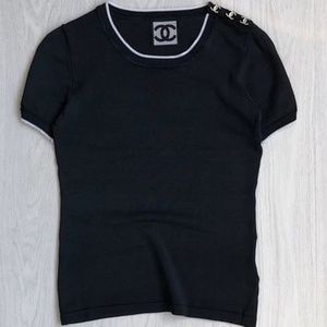 authentic black chanel top with gold logo details